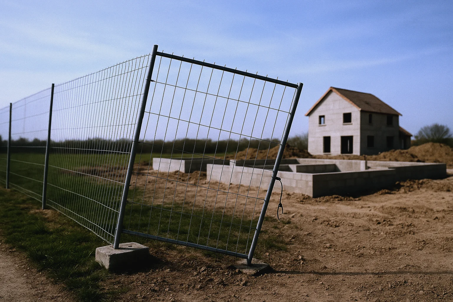 Une clôture de chantier affaissée après la pluie, deux colliers coupés pendent sur le grillage vide