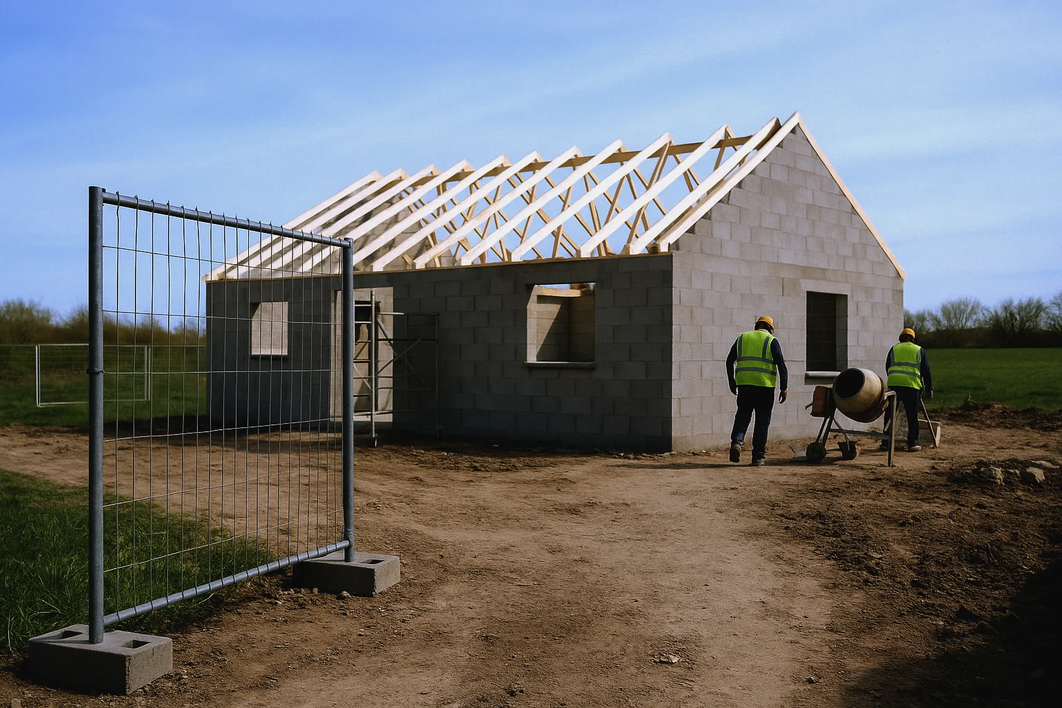 L’entrée d’un chantier de maison individuelle, deux ouvriers en gilet au travail derrière la clôture