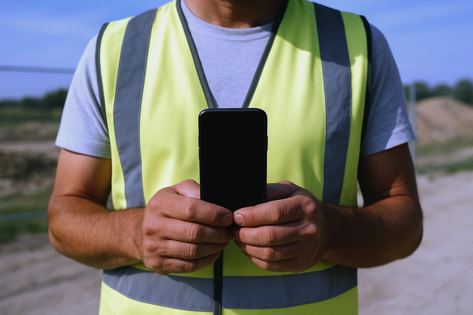 Les mains d’un artisan en gilet haute visibilité tiennent un téléphone sur un chantier