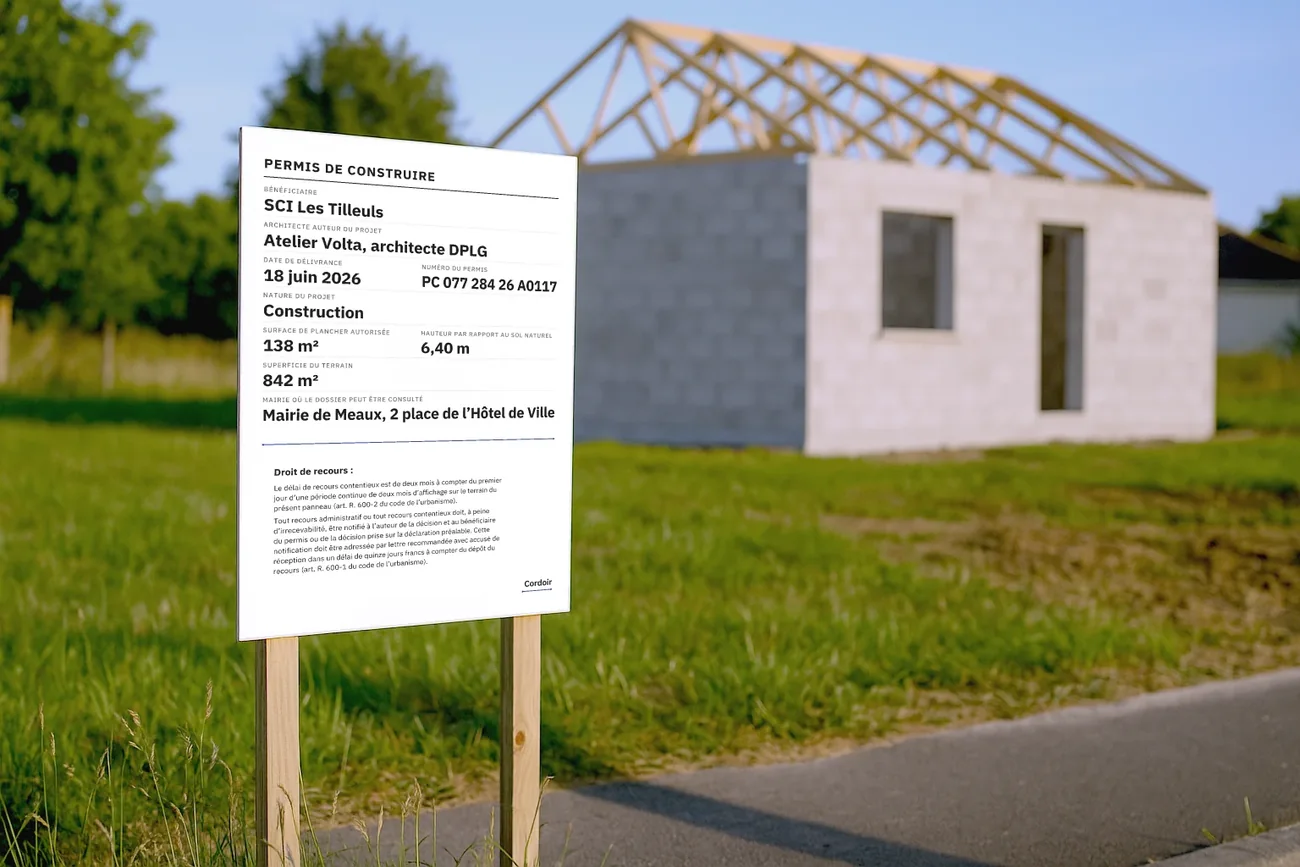 Panneau de permis de construire composé par Cordoir, posé sur deux piquets devant une maison en construction, lisible depuis la rue